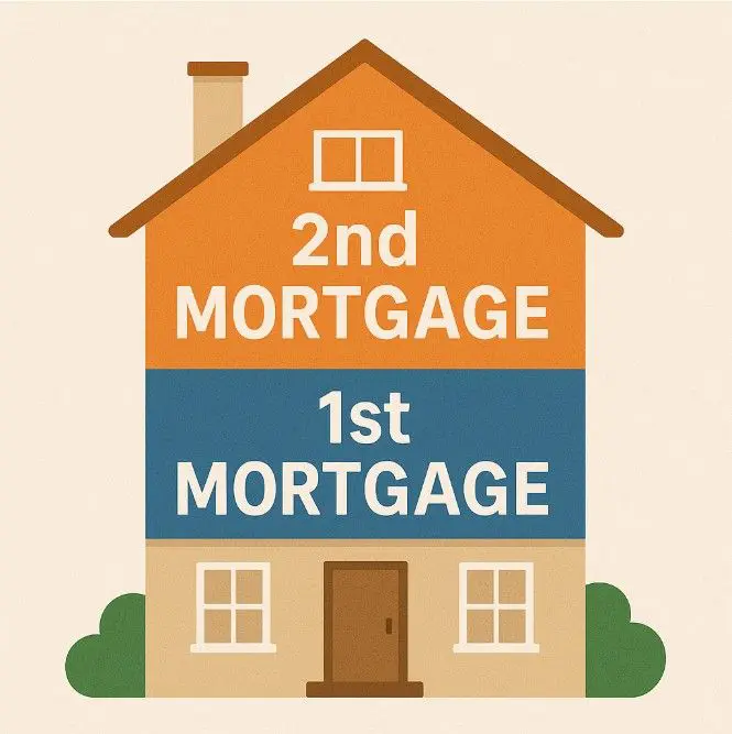 Illustration of a house with first and second mortgage labels.